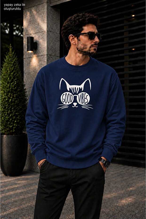 Men's Printed Crew Neck Casual Regular Fit Sweatshirt with Cat Illustration and Glasses