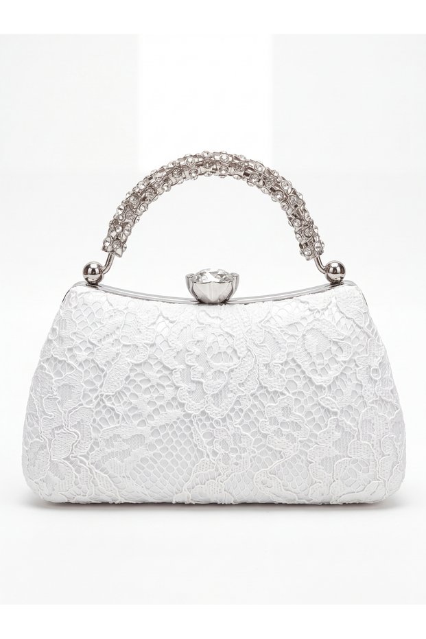 Women's Lace Detailed Stone Handle Evening Dress Handbag