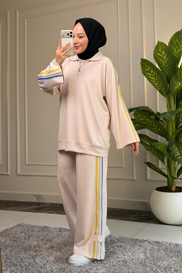 5296 - Stylish, Comfortable, Casual Modal Lace Trim Fabric Half Zipper Women's Set