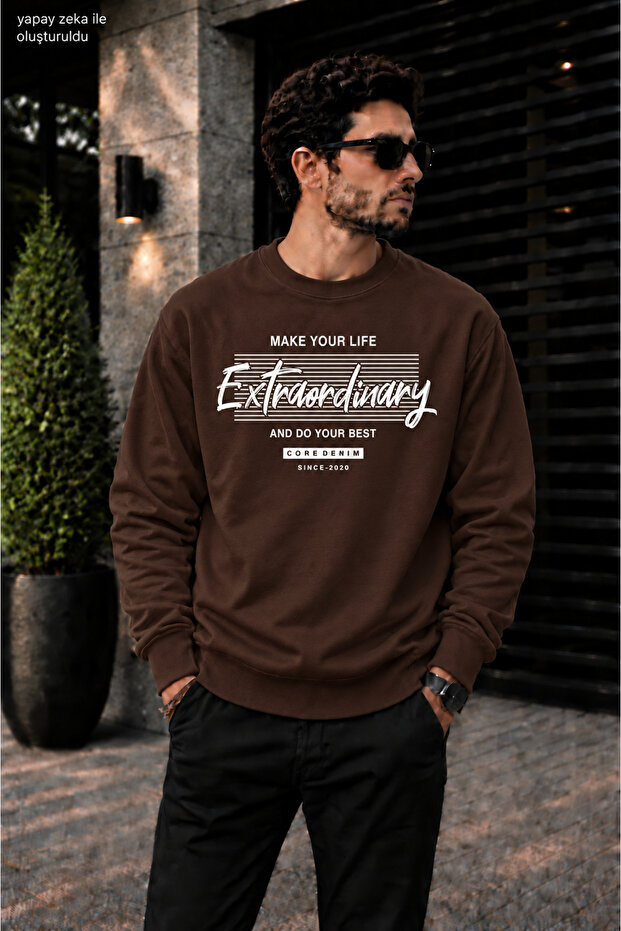 Men's Extraordinary Typographic and Striped Typography Printed Crew Neck Casual Regular Fit Sweatshirt