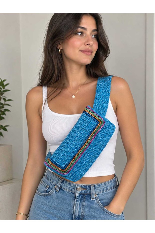 29X16 cm Hand Knitted Crossbody Women's Bag Blue