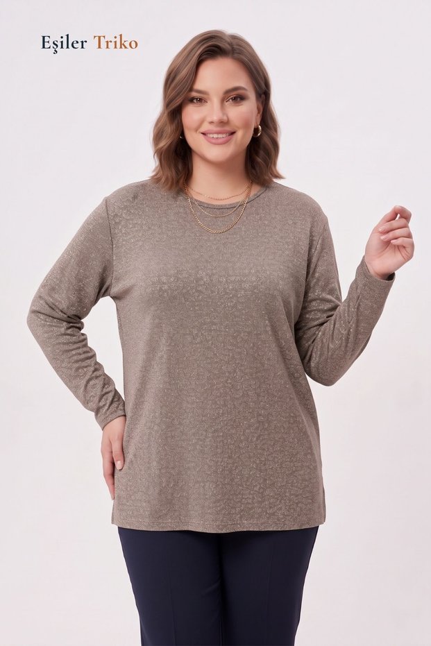 Women's Plus Size Beige Sparkle Print Patterned Lycra Mother Combed Cotton Blouse