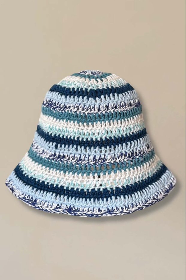 Blue Striped Retro Style Knitted Hat, Hand Knitted Bucket Hat - Bucket Hat