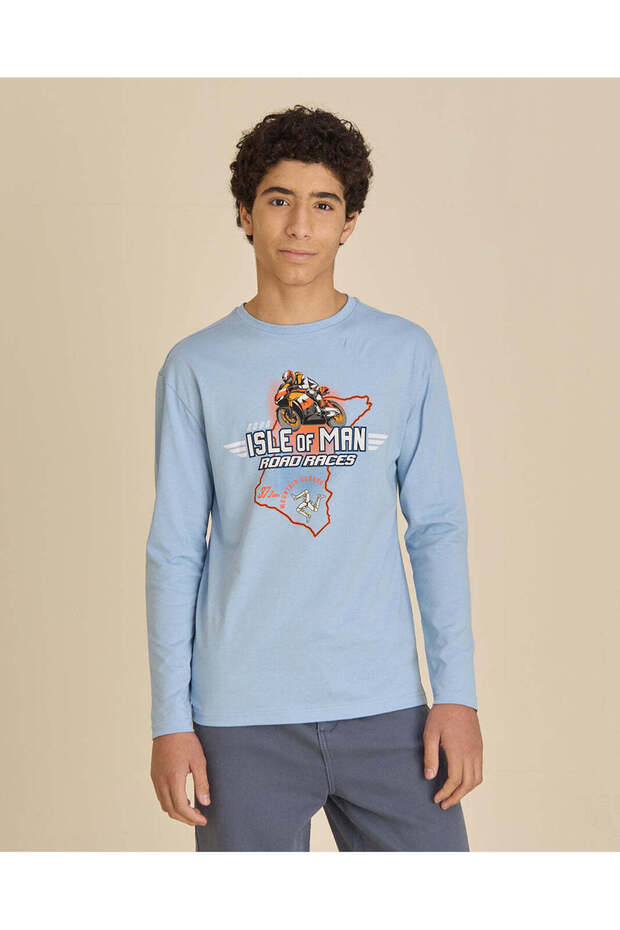 Senior Boys Blue Printed Long Sleeve Graphic T-Shirt
