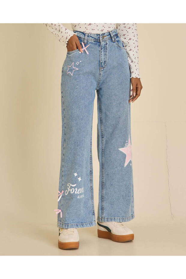 Senior Girls Light Wash Wide Leg Jeans With Bow