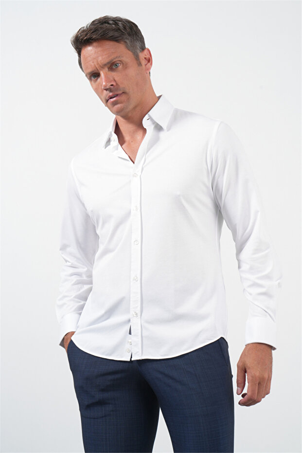 White Overalls Collar Long Sleeve Pocketless Knitted Slim Fit Cotton Shirt 1004260208