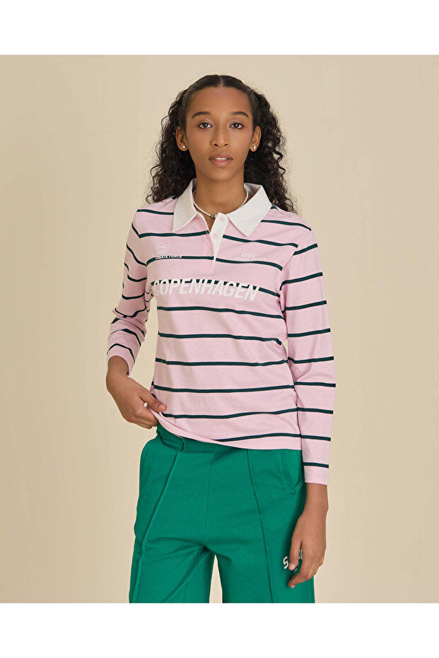 Senior Girls Pink Striped Polo Shirt