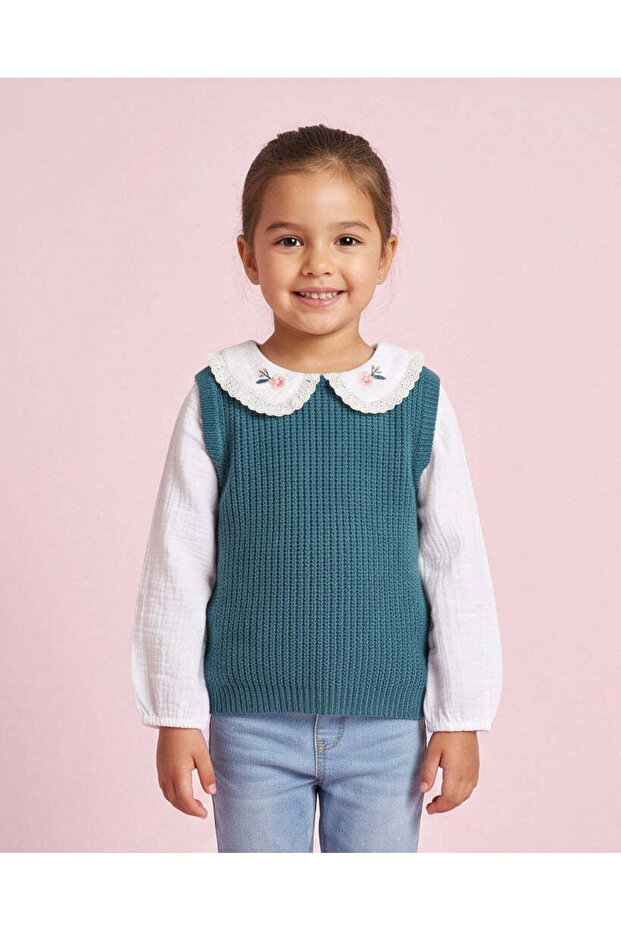 Girl Teal Embroidered Collar Twofer Top