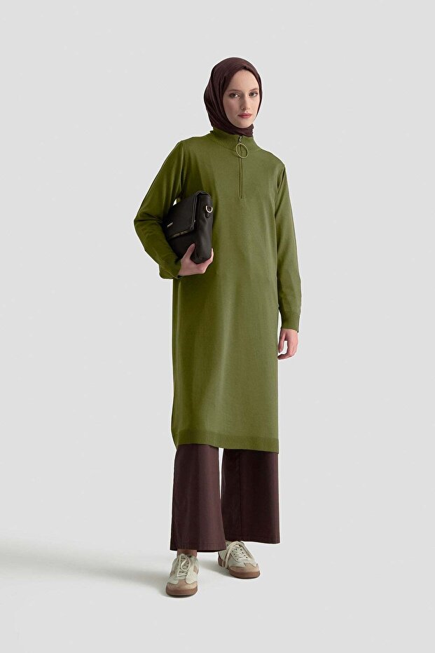Zipper Detailed Knitwear Tunic Oil Green