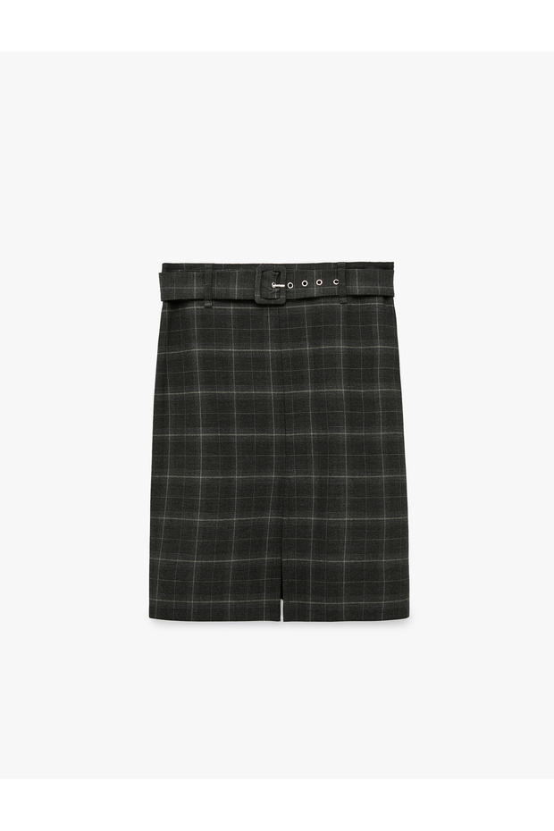 Low Waist Belted Above Knee Plaid Pencil Skirt