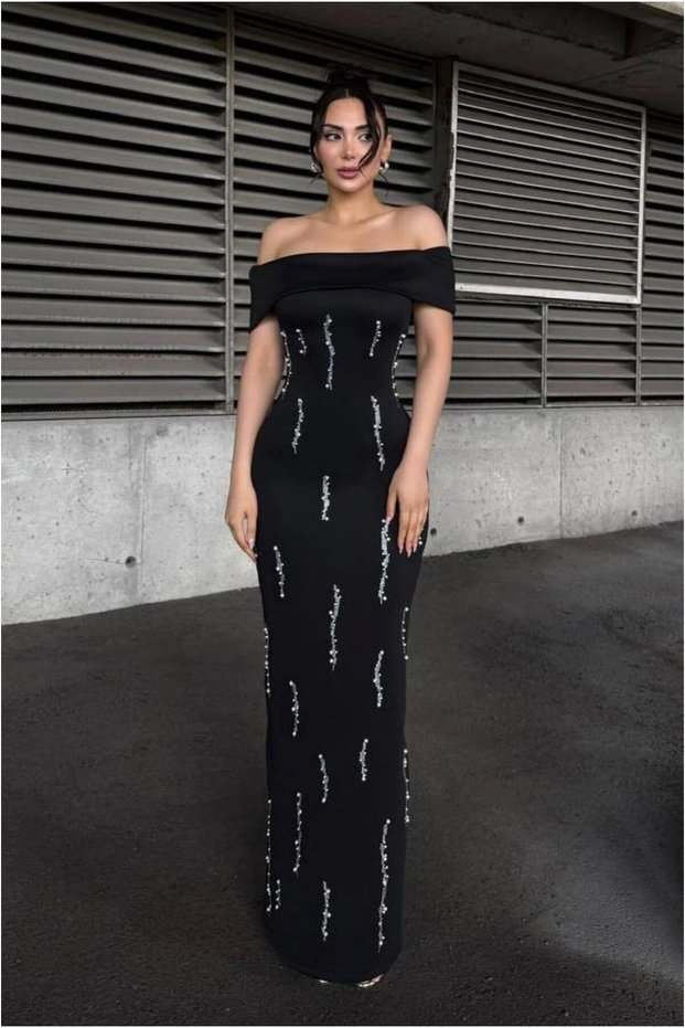 Scuba Detailed Strapless Evening Dress Stone Flexible Fabric Dress
