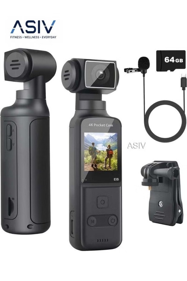 4K HD Camera, 270° Rotatable Large Wide Angle, Included 64G Card, 30m/98ft Underwater Camera with & Mic for Outdoor Riding Diving Shooting Vlog , 1000mAh Rechargeable