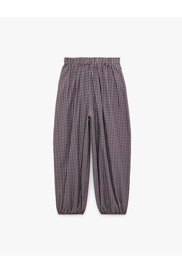 Comfortable Fit Plaid Patterned Cotton Elastic Leg Barrel Balloon Trousers