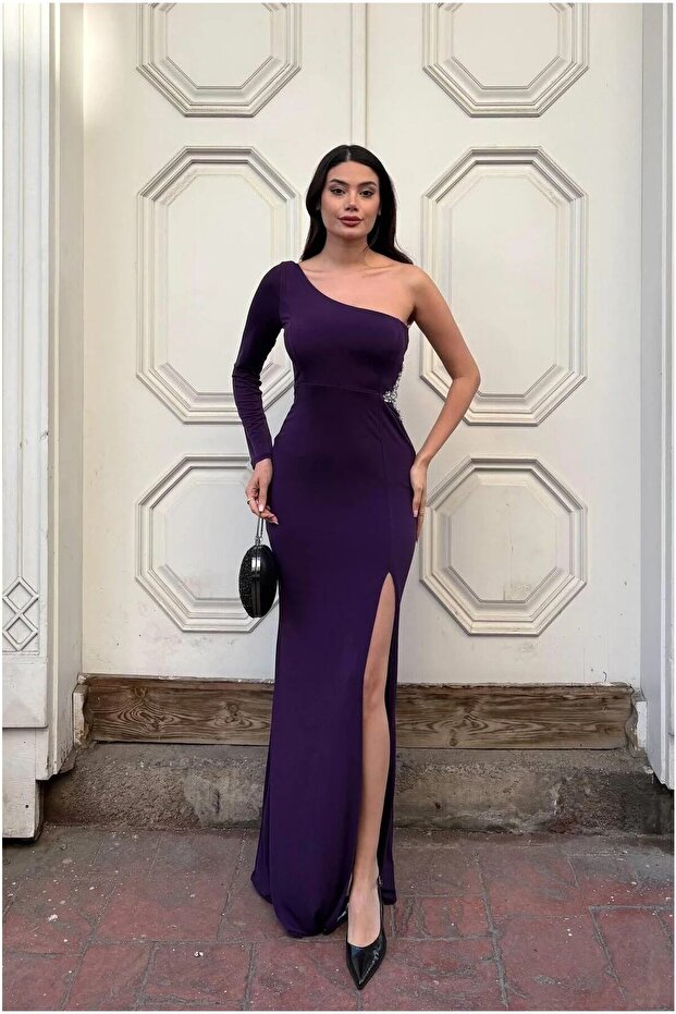 Glittery Asymmetrical Single Fabric Dress with Draped Collar and Sleeves