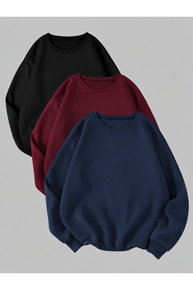 3-Pack Burgundy Black Navy Crew Neck Sweatshirt