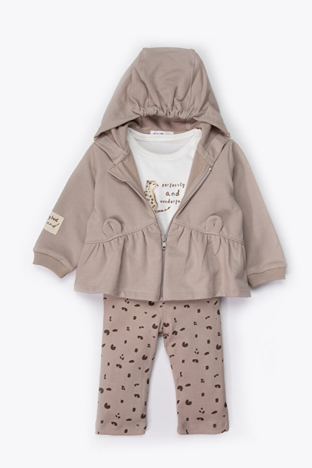 Two-Strap Hooded Cardigan 3-Piece Set (Your Bestie) Beige