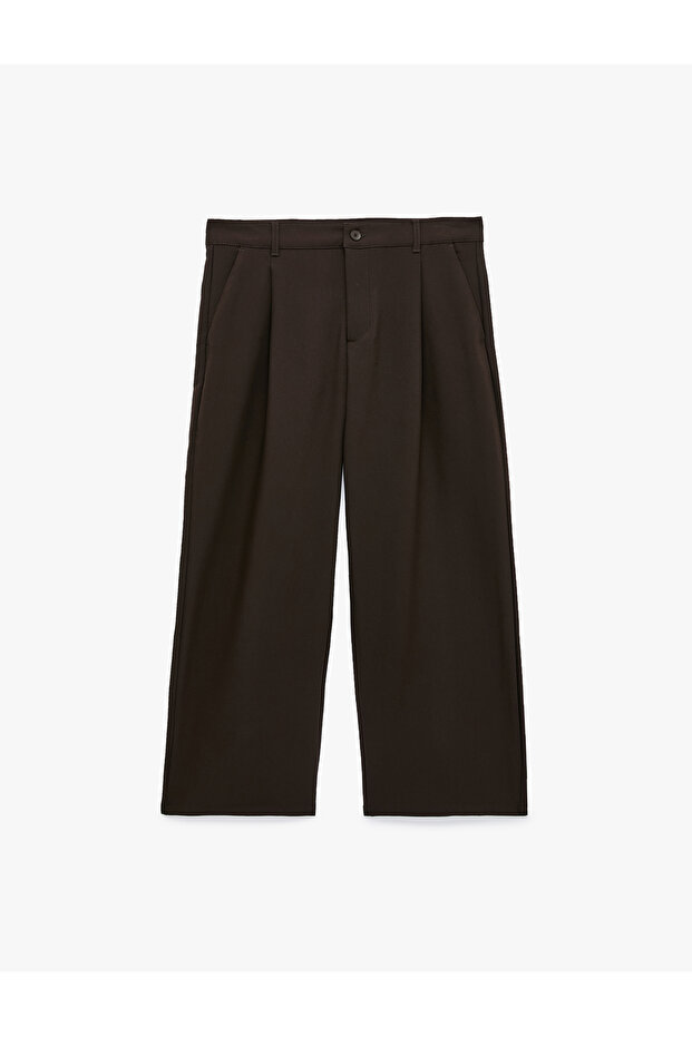 Comfortable Fit Wide Leg Pleated Fabric Pants with Pockets
