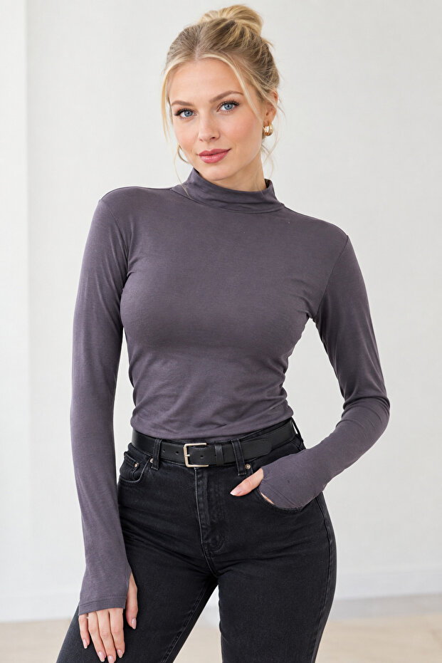 Women's 100% Viscose Finger Detail Turtleneck Long Sleeve Bodysuit – Flexible, Soft Textured, Stylish and Comfortable for Daily Use