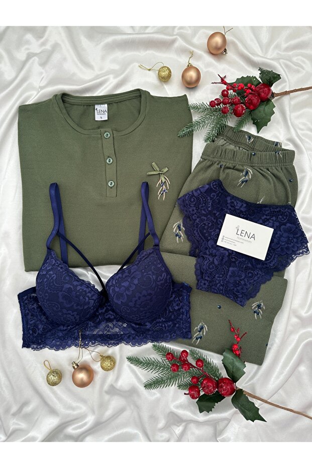 Khaki Olive Patterned 4-Piece Bra and Long Sleeve Premium Waffle Pajama Set