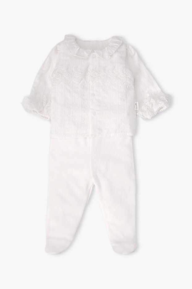 Interlock Pajama Set with Booties 2-Piece (Pretty Girl) Ecru