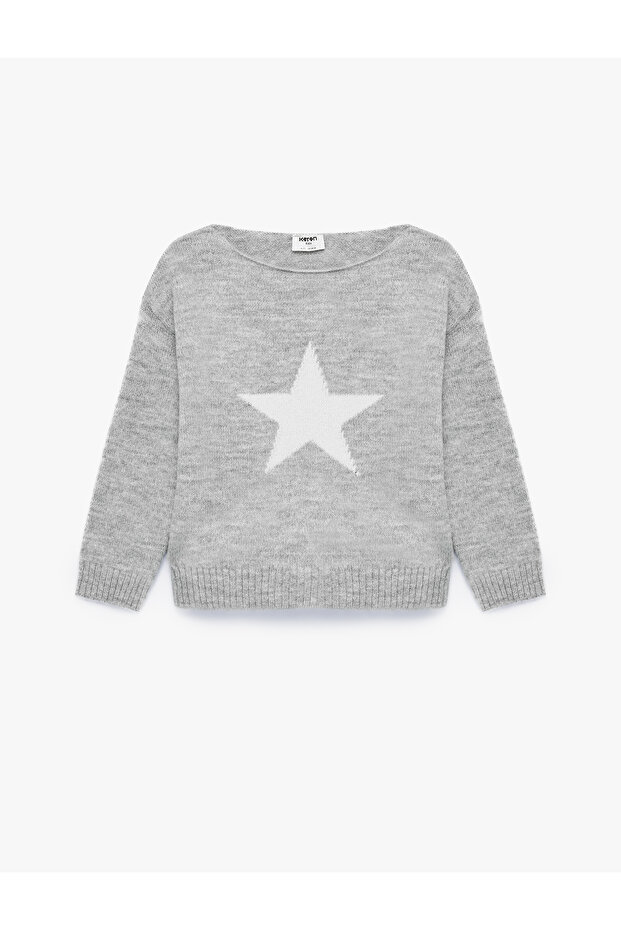 Star Patterned Loose Fit Boat Neck Long Sleeve Knitwear Sweater