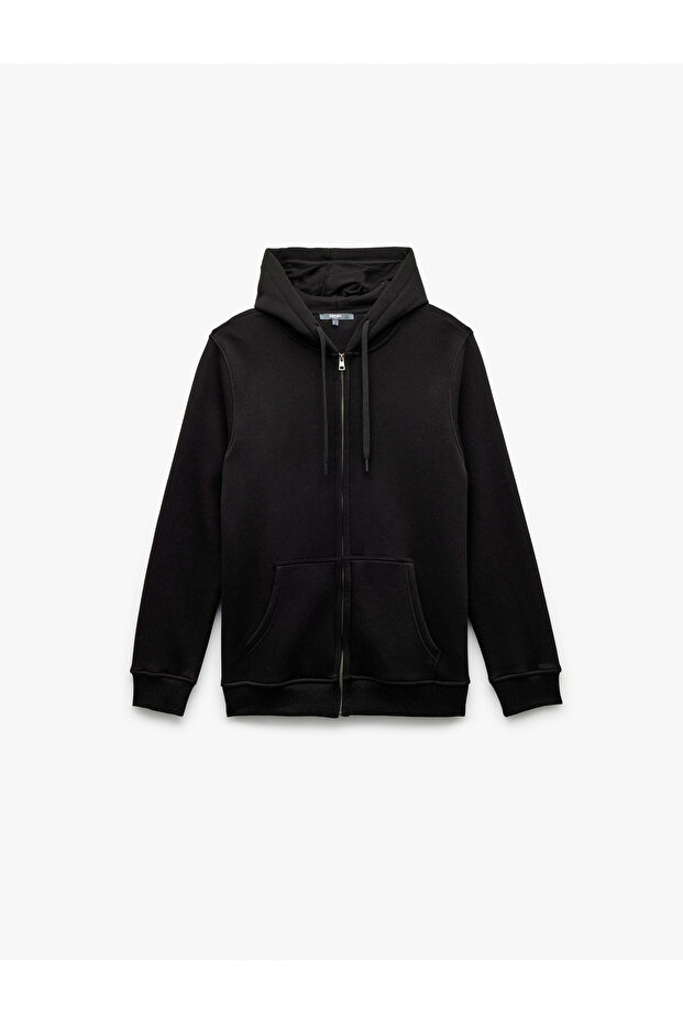 Regular Fit Hooded Zippered Long Sleeve Sweatshirt with Kangaroo Pocket