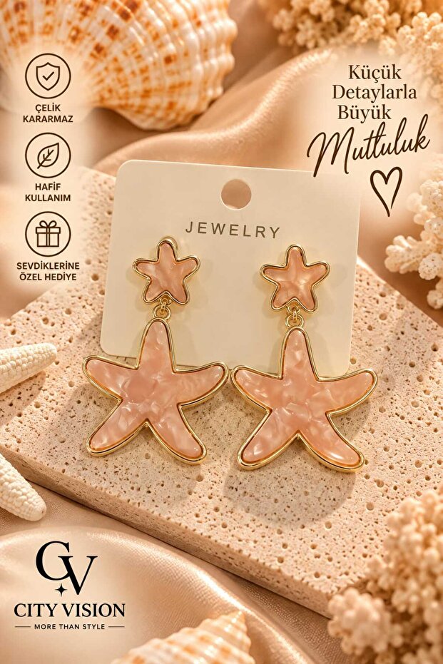 Double Star Model Pink Color Stainless Steel Earring Set