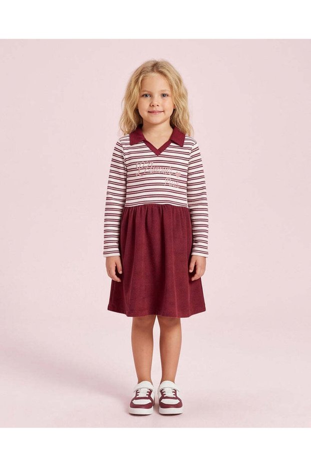 Girl Ivory And Burgundy Striped Corduroy Dress