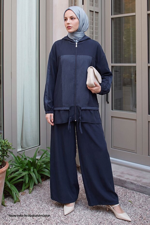 Hooded Detail Navy Blue Two-Piece Set