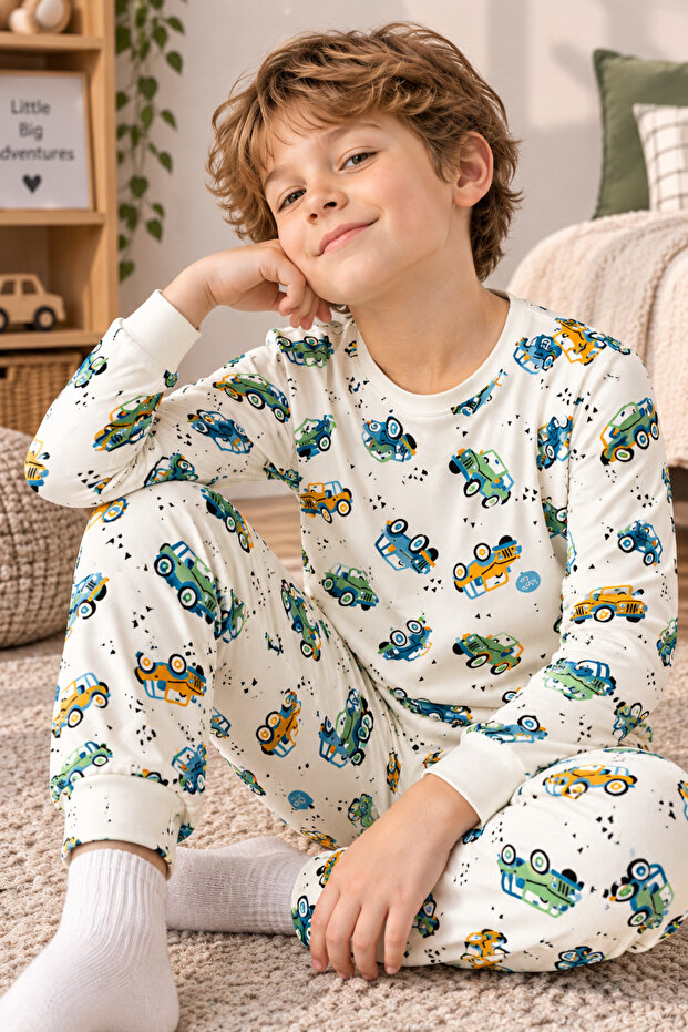 Car Patterned Crew Neck 100% Cotton Interlock Fabric Boys' Long Sleeve Pajama Set