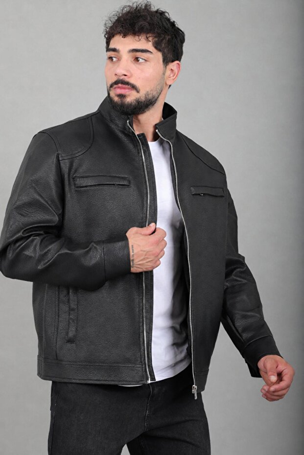 Faux Leather Coat with Chest Pocket Flap Kmd 874_50520
