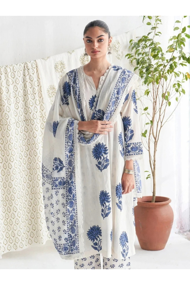 Off-White Cotton Blue Floral Block Print Three-Piece Suit Set - FFT7959 | Off-White & Blue-Size:S-36-Inches
