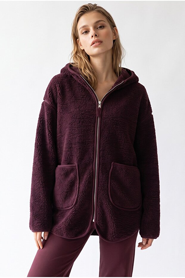2233 Hooded Pocket Zippered Soft Textured Fleece Sweatshirt Plum