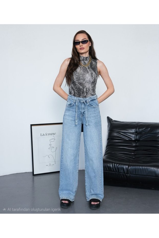 Women's Blue Belted High Waist Loose Wide Leg Jeans