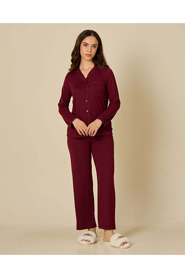 Women Burgundy Ruffle Trim Pyjama Set