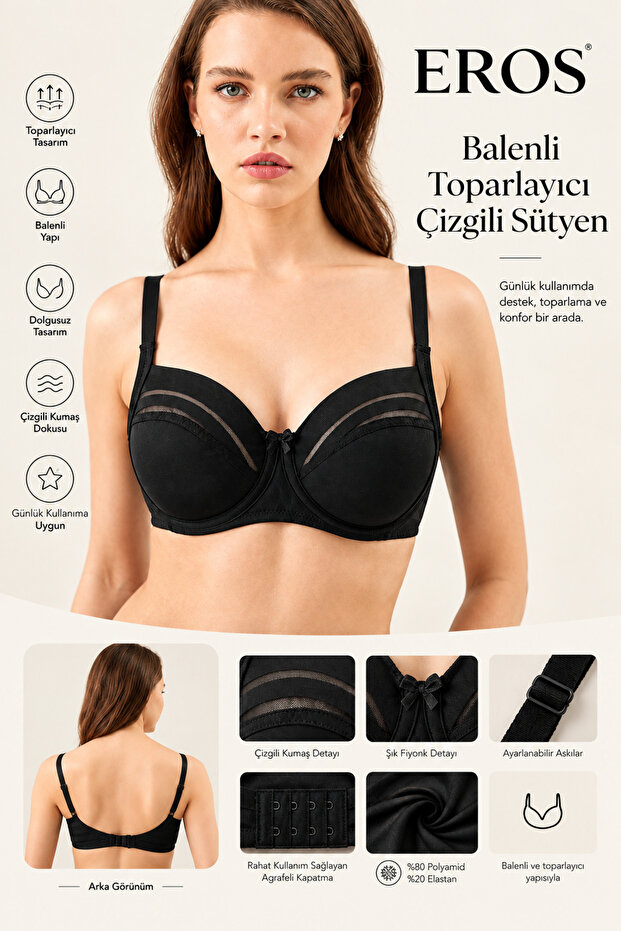 Ersk340 Hanna Balenli̇ Supportive Striped Black Bra