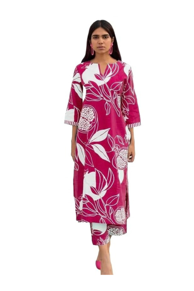 Pink & White Printed Cotton Blend Straight Kurta Pant Set - PMM17372 | Pink & White-Size:M-38-Inches