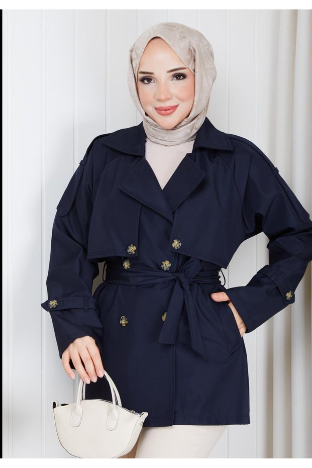 Women's Double-Breasted Collared Buttoned Belted Short Trench Coat
