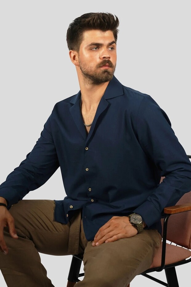 Navy Blue Linen Applique Collar Oversize Men's Shirt