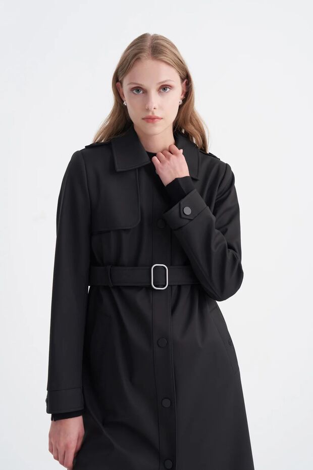 Wide Collar Belted Classic Black Trench Coat 14208