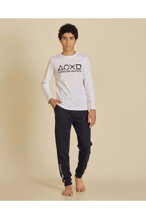 Senior Boys White And Navy 2 Piece Pyjama Set