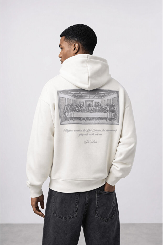 Men's Da Vinci Print Detailed Oversize Hoodie Ecru