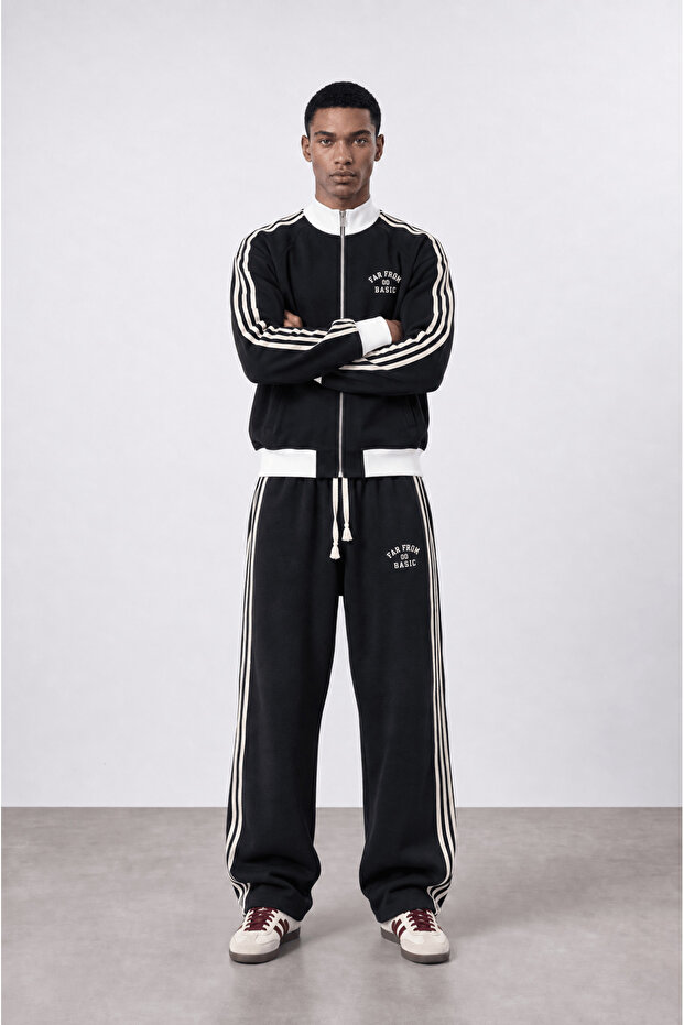 Men's Far from Basic Stripe Detailed Doubleface Tracksuit Set Black