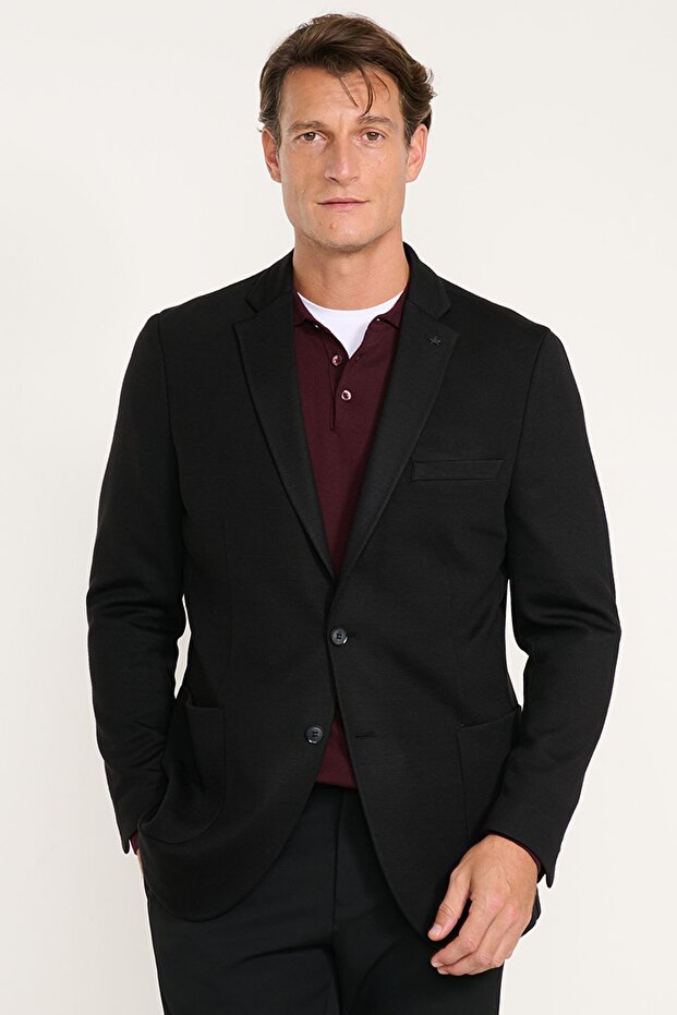 Men's Black Wool Slim Fit Mono Collar Blazer Jacket with Pocket