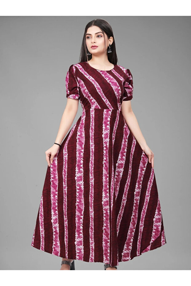 Maroon Floral Print A-Line Maxi Dress - FFT1079 | Maroon-Size:L-40-Inches