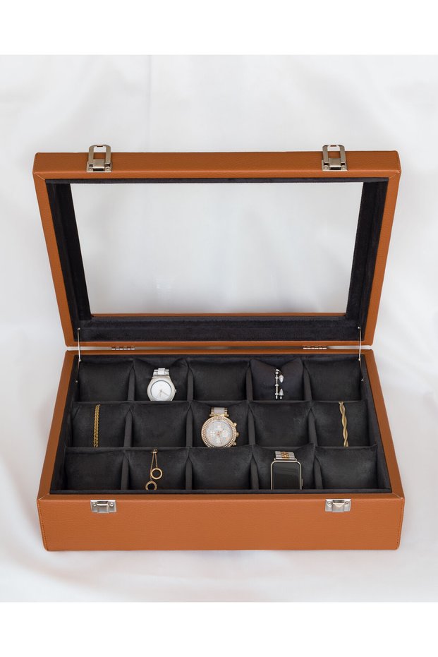 15-Piece Premium Watch Box, Faux Leather Covered, Special Design with Glass, Handmade Accessory Organizer
