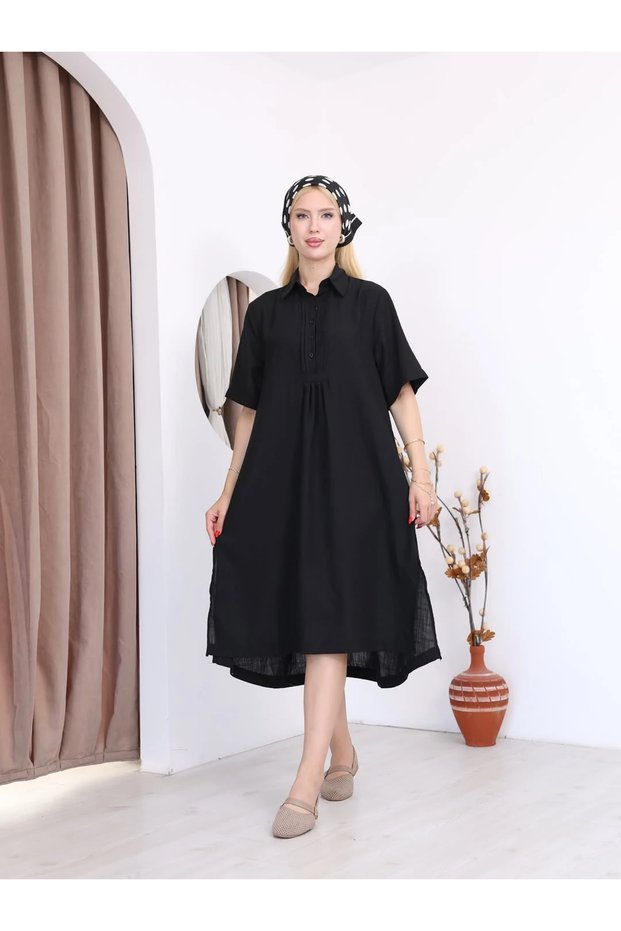 Linen Dress with Side Slit Detail