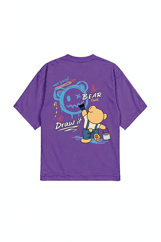 Bear Draw İt Printed Oversize T-Shirt Front and Back Design