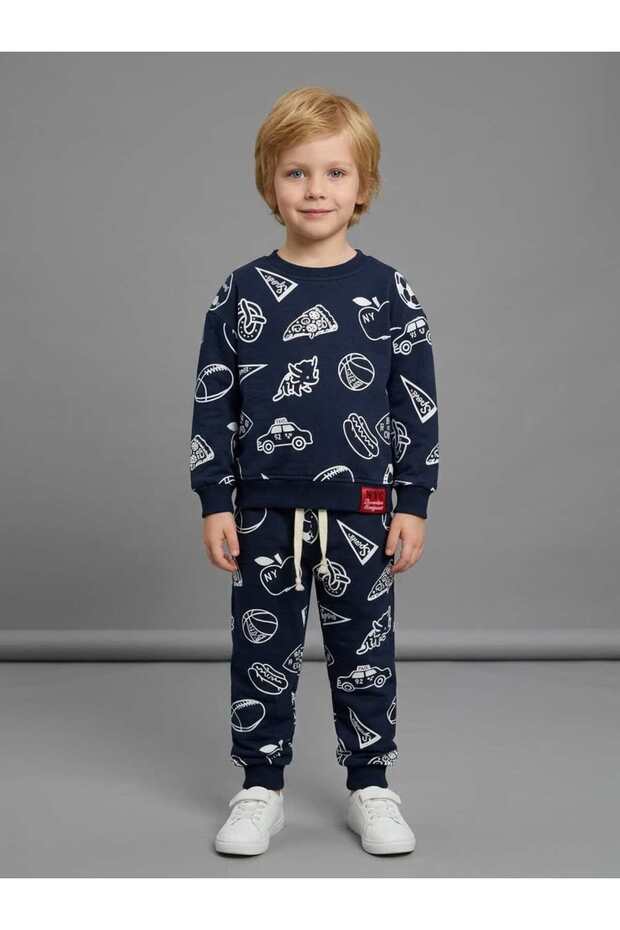 Printed Navy Blue Children's Cotton Combed Cotton Tracksuit Set