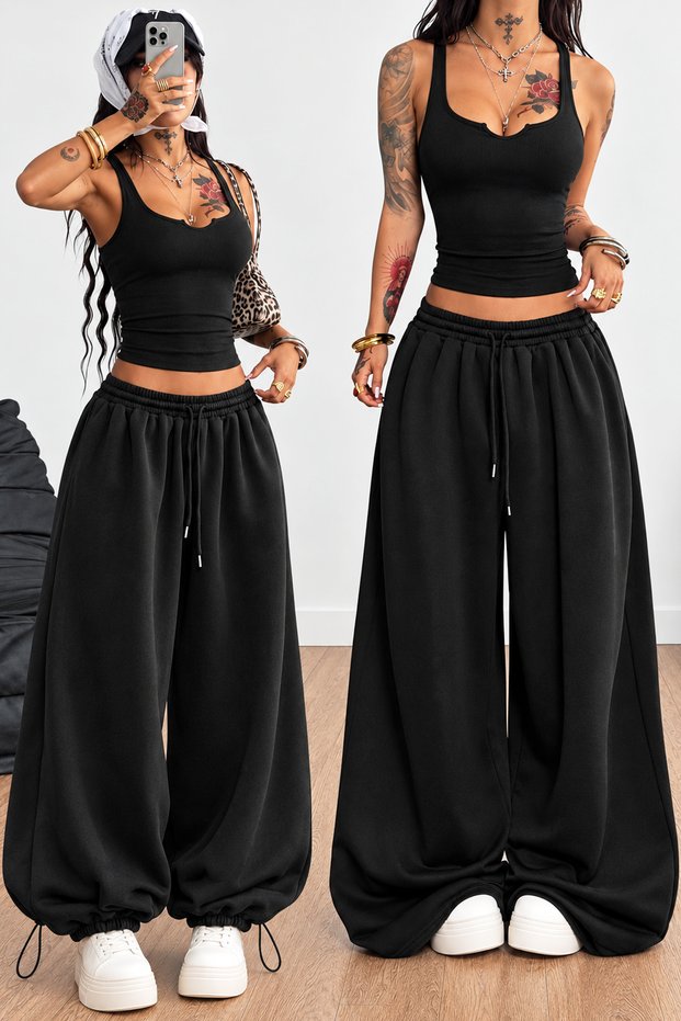 Draw Black Extra Loose Wide Leg Adjustable Elastic Lace-Up 2 Thread Oversize Sweatpants